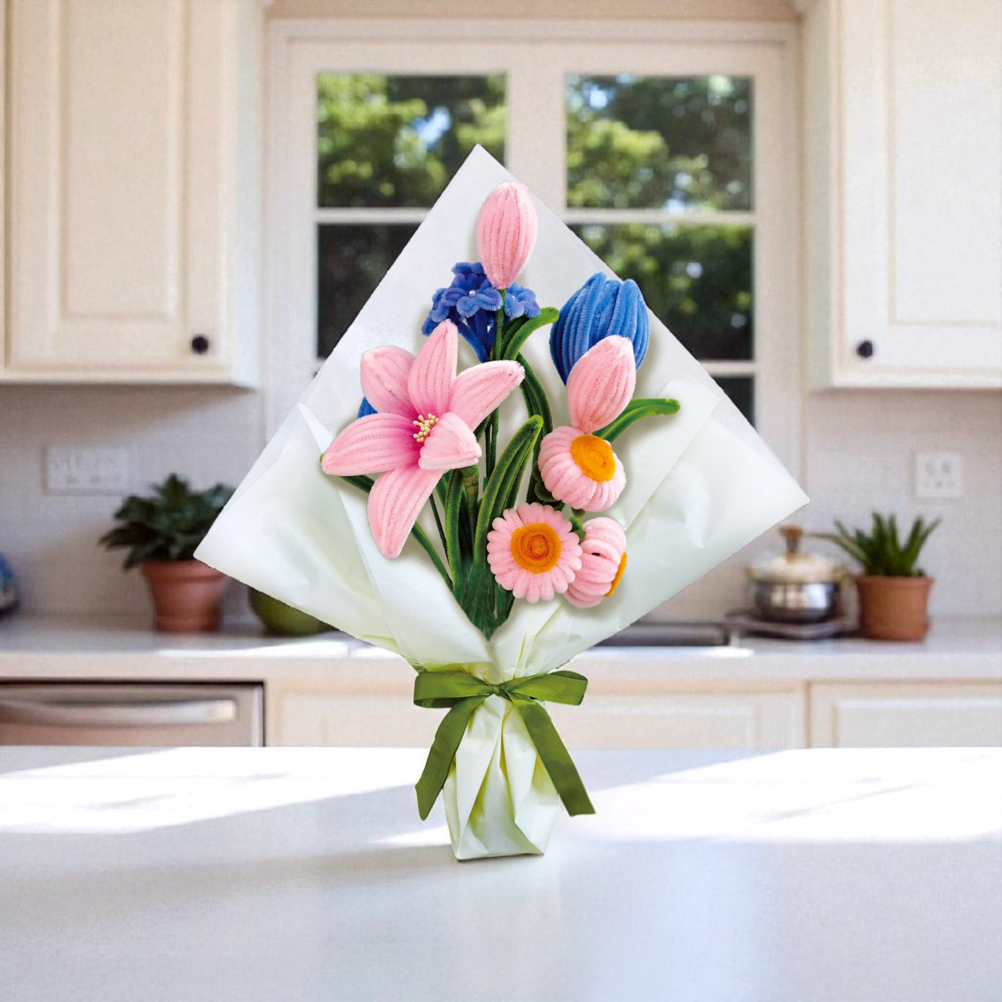 Hands Craft Chenille Craft Kit | Pink & Blue Flower Bouquet Mix