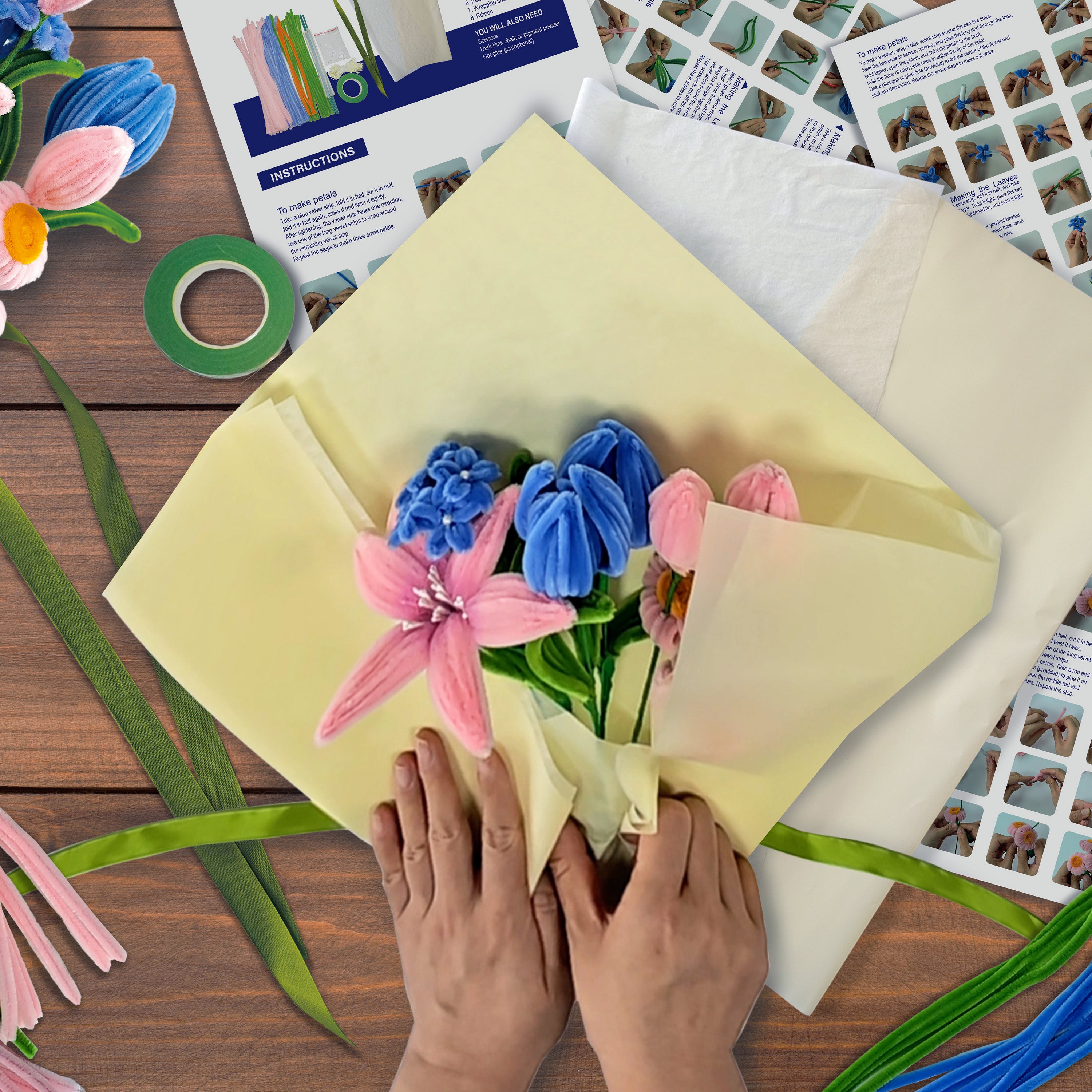 Hands Craft Chenille Craft Kit | Pink & Blue Flower Bouquet Mix