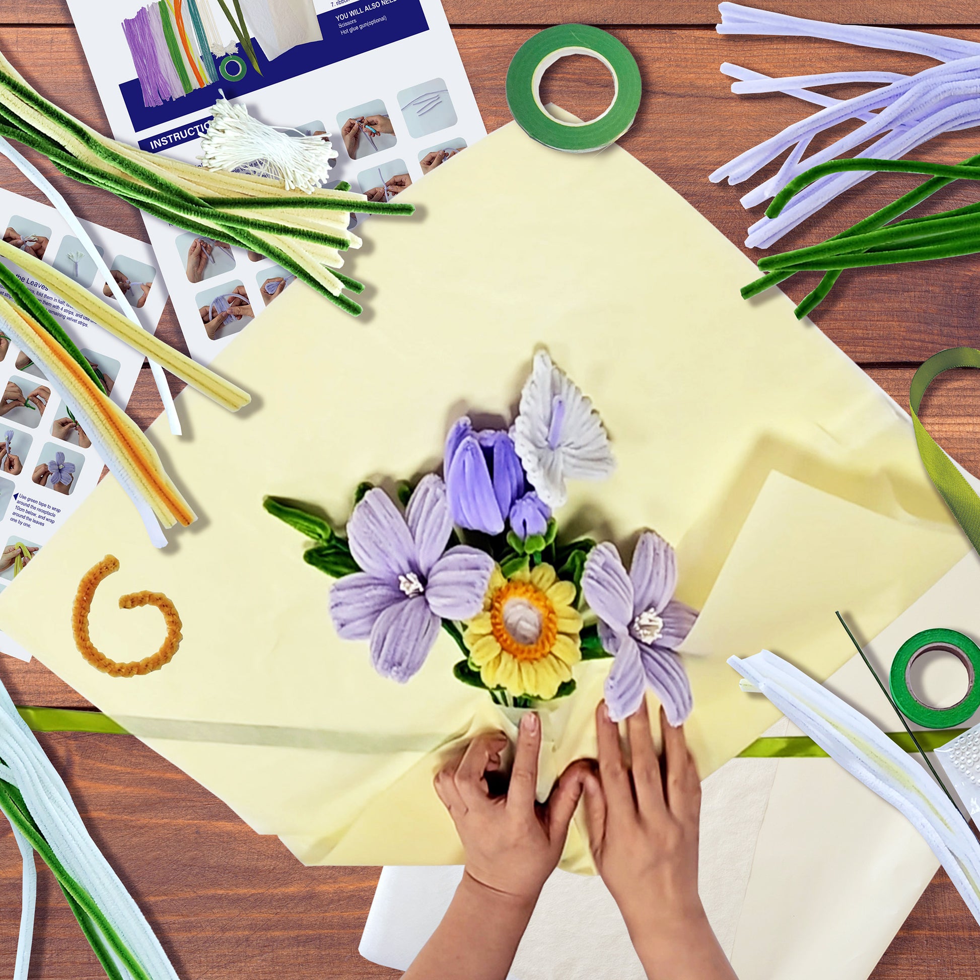 Hands Craft DIY Chenille Craft Kit | Yellow & Purple Flower Bouquet Mix