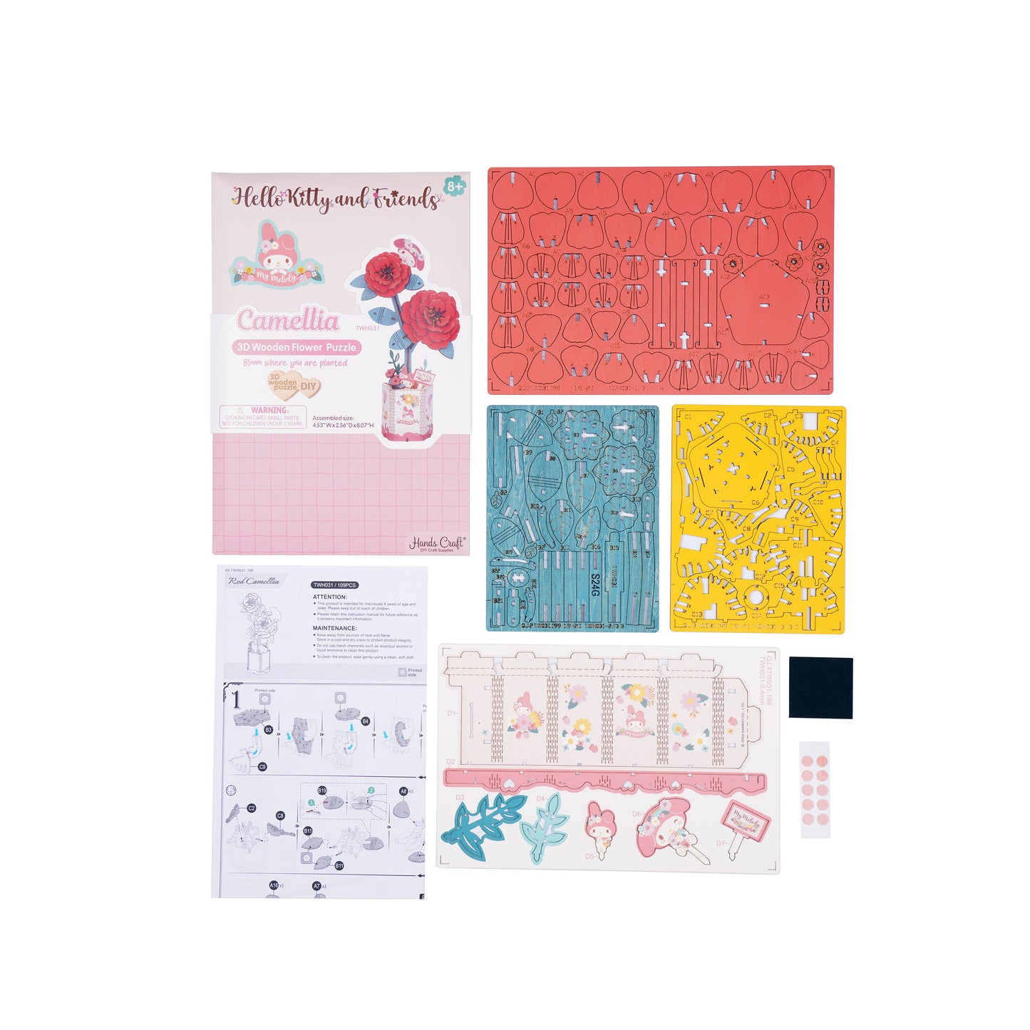 Hands Craft DIY Miniatures 3D Wooden Puzzle | Hello Kitty® and Friends My Melody Red Camellia