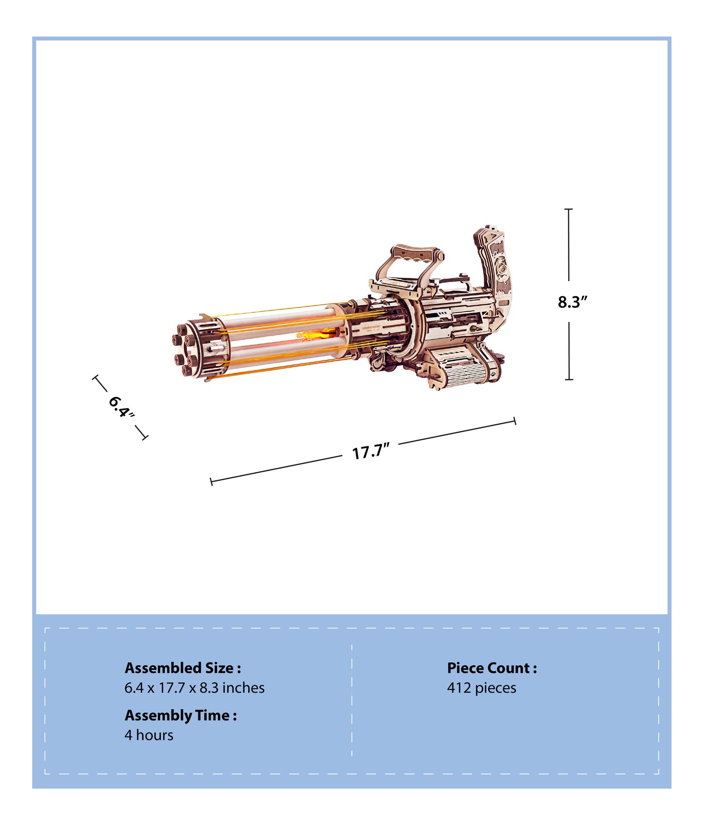 Mechanical 3D Wooden Puzzle | Rotating-Barrel Machine Gun w/ LED Lights