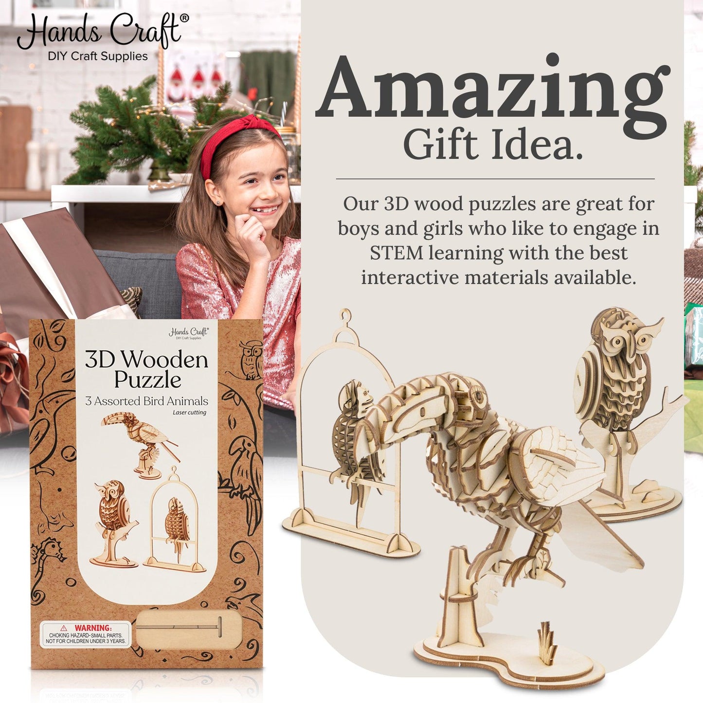 Hands Craft DIY Miniatures 3D Wooden Puzzle | Birds Animals (3-Pack)