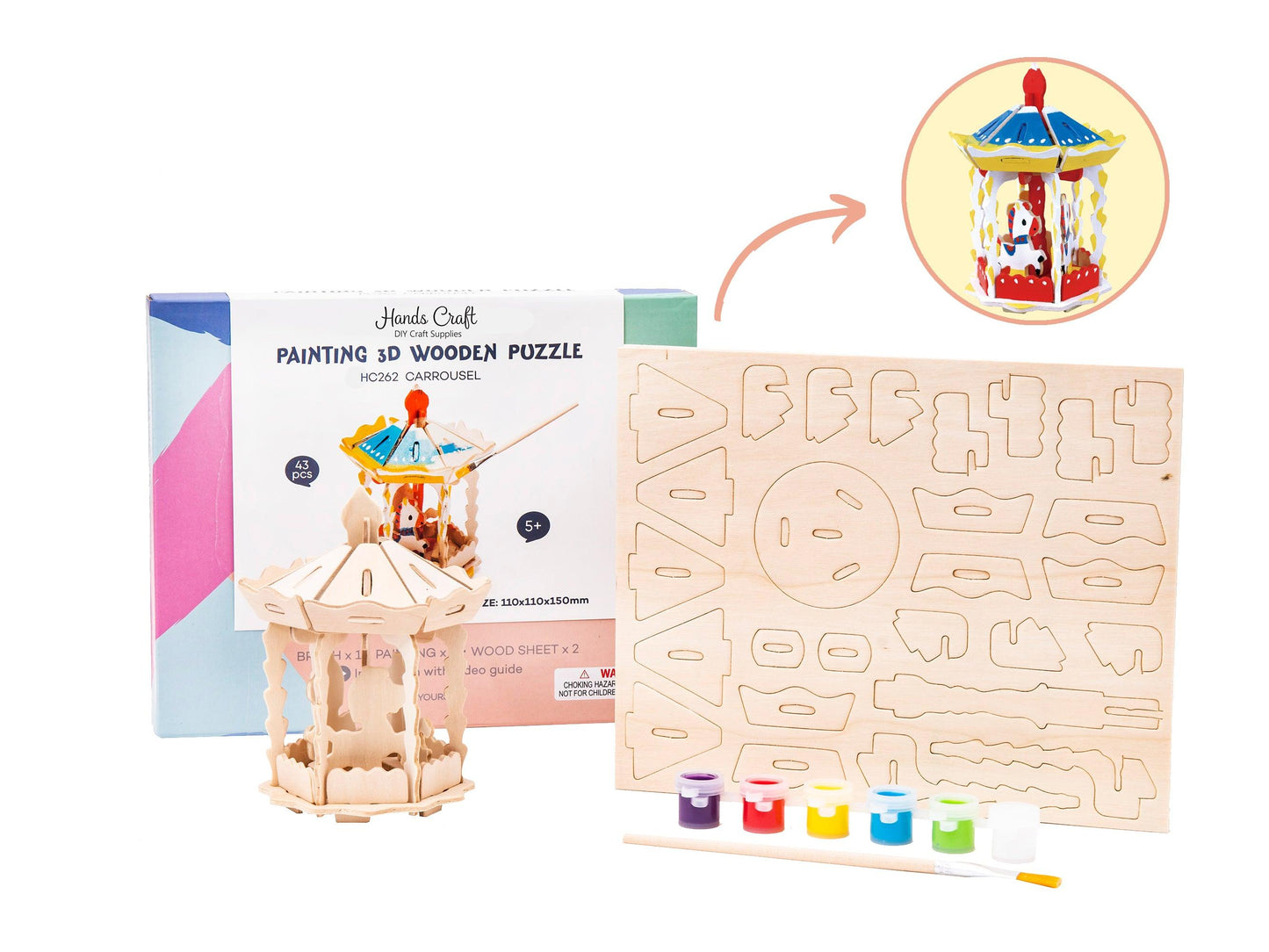 Hands Craft DIY Miniatures 3D Wooden Puzzle Paint Kit | Carousel