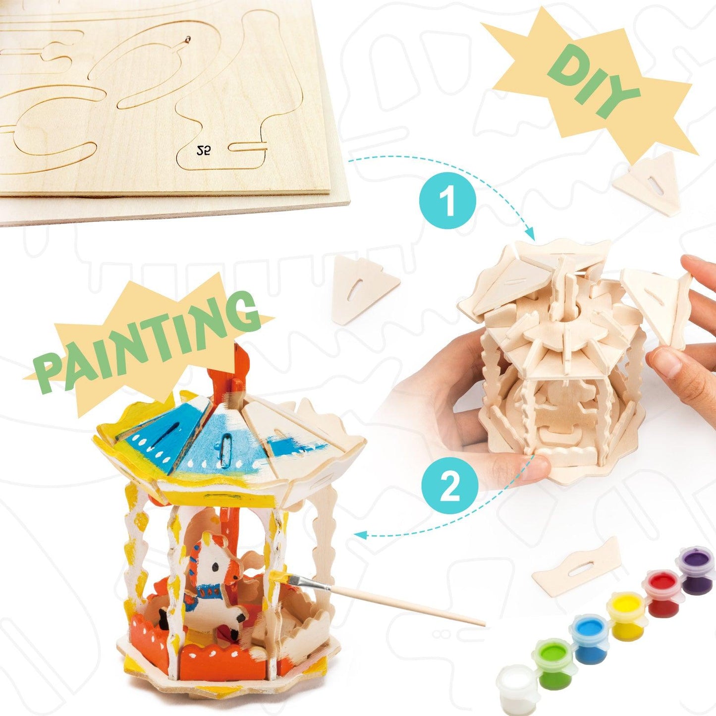 Hands Craft DIY Miniatures 3D Wooden Puzzle Paint Kit | Carousel