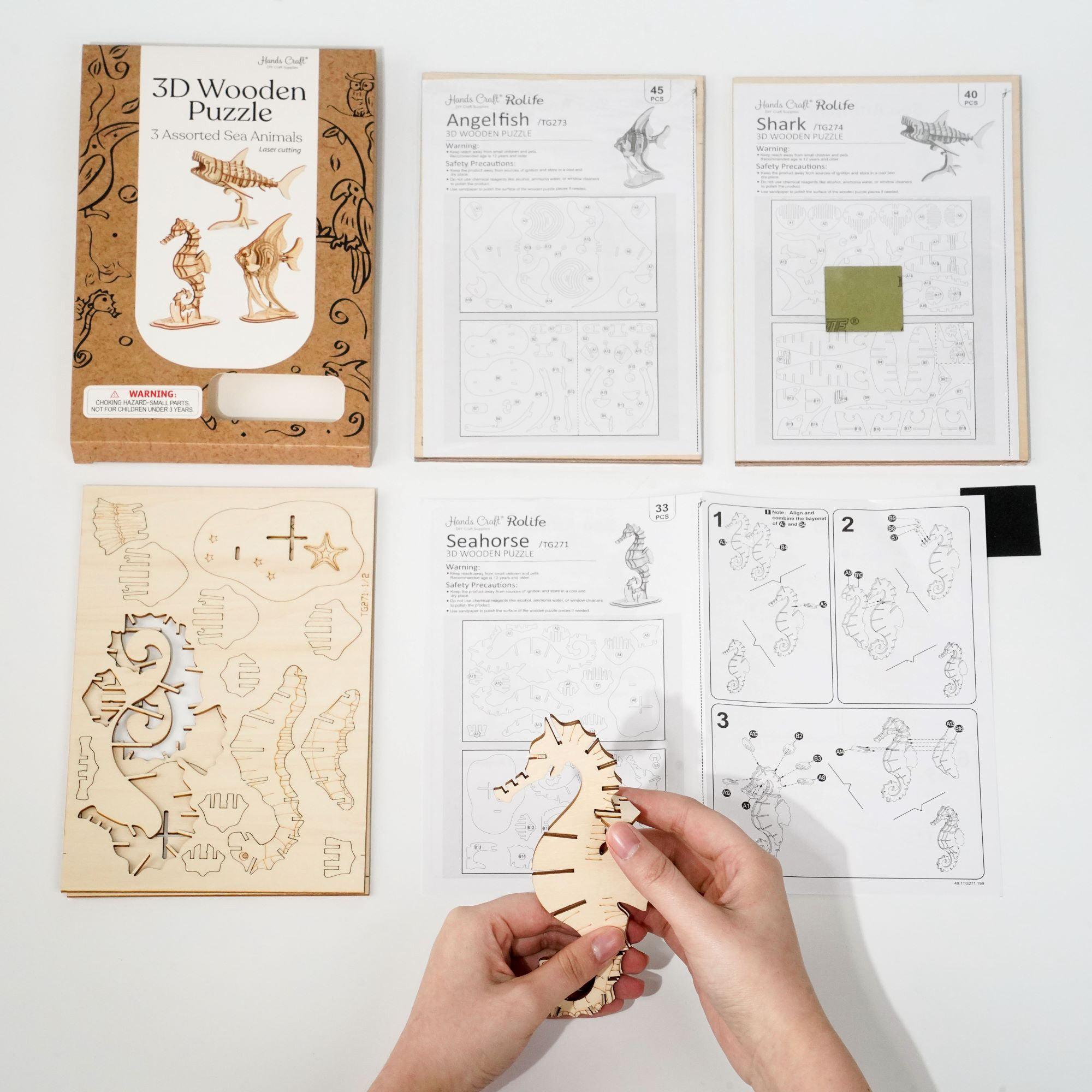 Hands Craft DIY Miniatures 3D Wooden Puzzle | Sea Animals (3-Pack)