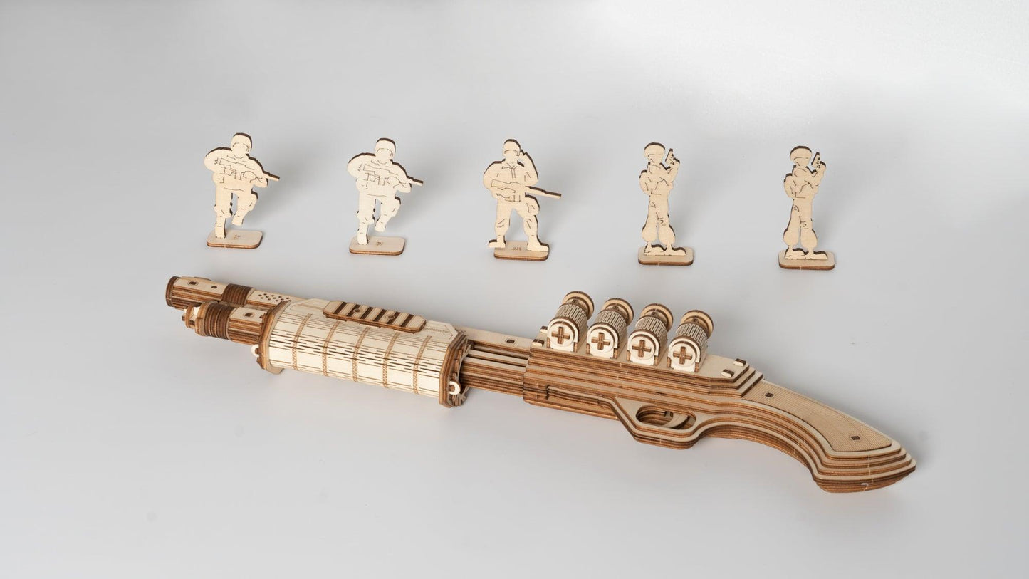 Hands Craft DIY Miniatures Mechanical 3D Wooden Puzzle | Rubber Band Pump Action Shotgun