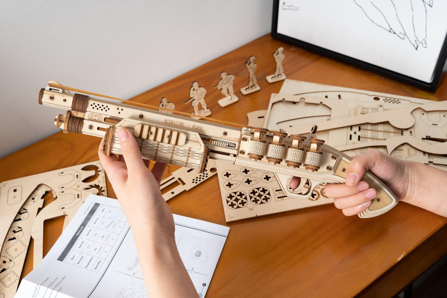 Hands Craft DIY Miniatures Mechanical 3D Wooden Puzzle | Rubber Band Pump Action Shotgun