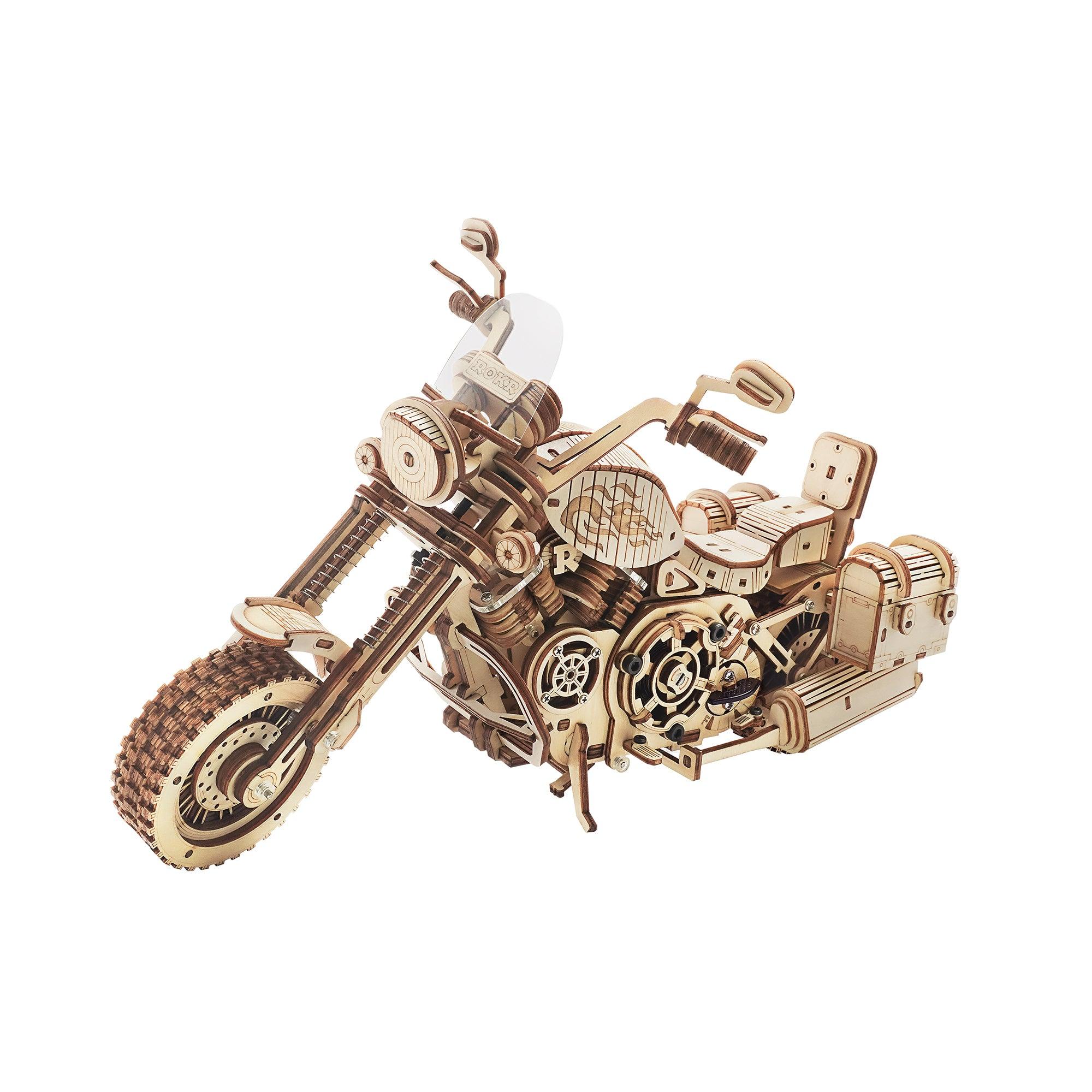 Hands Craft Mechanical 3D Wooden Puzzle | Cruiser Motorcycle with Wind-Up Key Motor