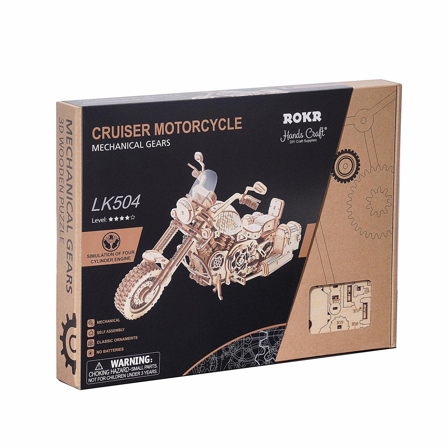 Hands Craft Mechanical 3D Wooden Puzzle | Cruiser Motorcycle with Wind-Up Key Motor