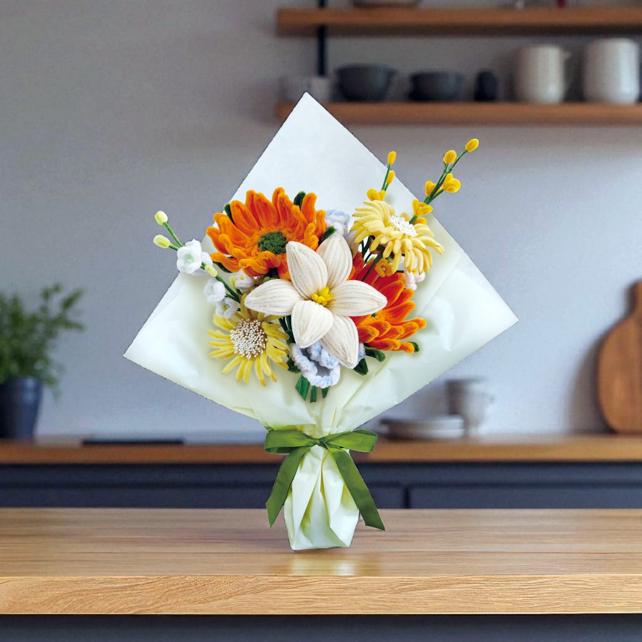 Hands Craft DIY Chenille Craft Kit | Orange Flower Bouquet Mix