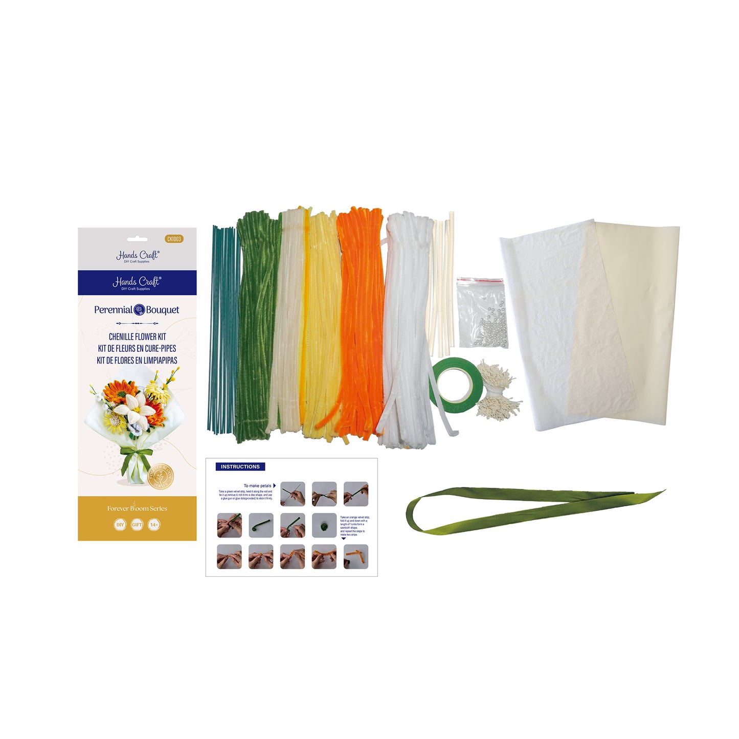 Hands Craft DIY Chenille Craft Kit | Orange Flower Bouquet Mix