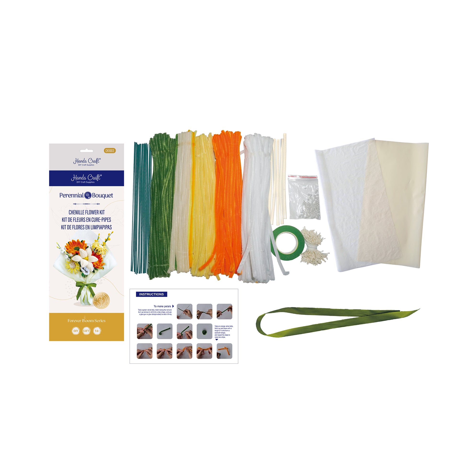 Hands Craft DIY Chenille Craft Kit | Orange Flower Bouquet Mix