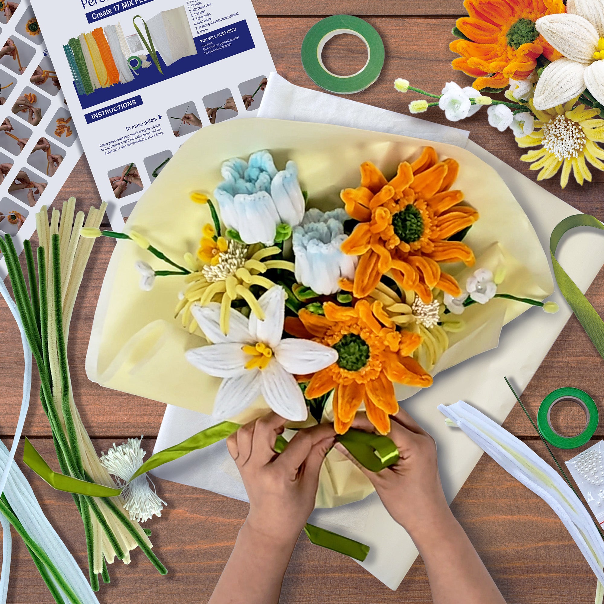 Hands Craft DIY Chenille Craft Kit | Orange Flower Bouquet Mix
