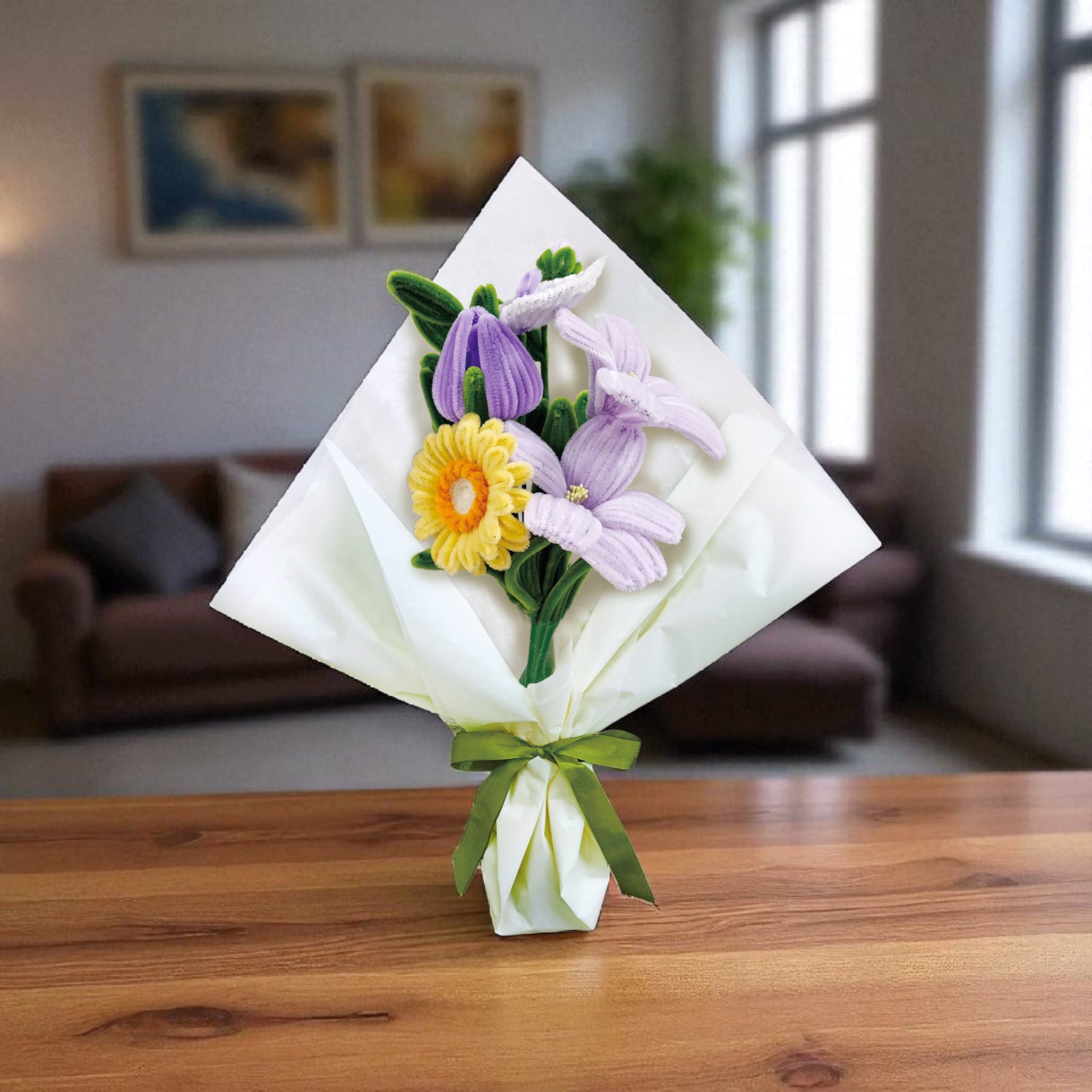 Hands Craft DIY Chenille Craft Kit | Yellow & Purple Flower Bouquet Mix