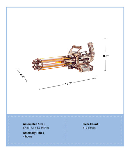 Mechanical 3D Wooden Puzzle | Rotating-Barrel Machine Gun w/ LED Lights