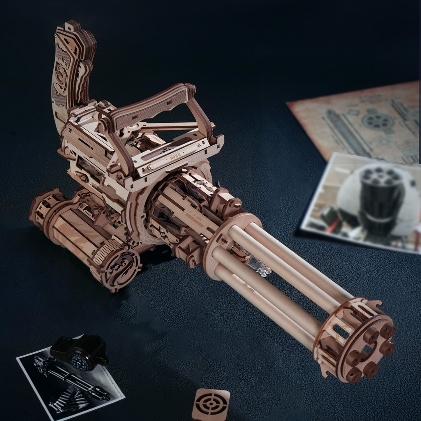 Mechanical 3D Wooden Puzzle | Rotating-Barrel Machine Gun w/ LED Lights