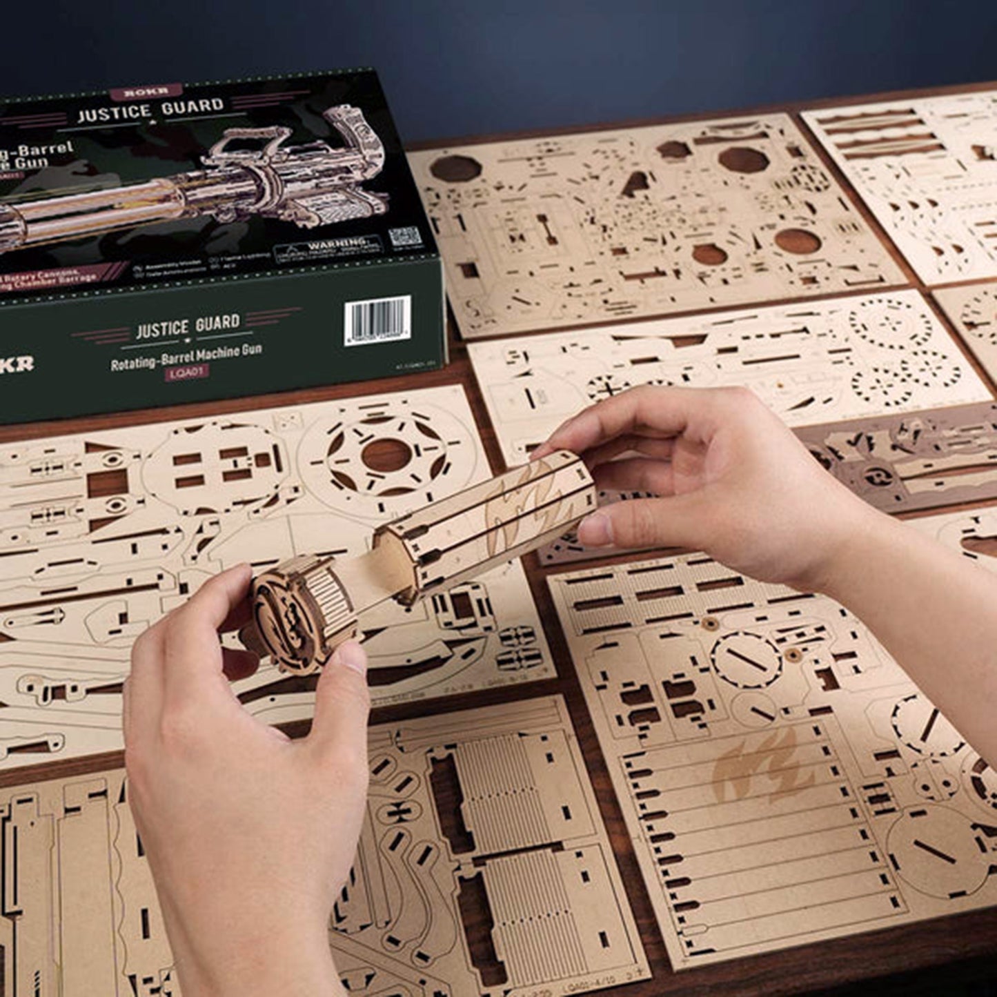 Mechanical 3D Wooden Puzzle | Rotating-Barrel Machine Gun w/ LED Lights