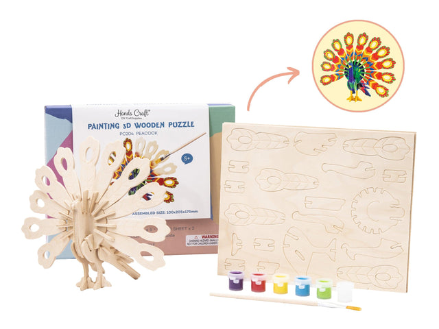 3D Wood Puzzle + Paint Kit: Peacock