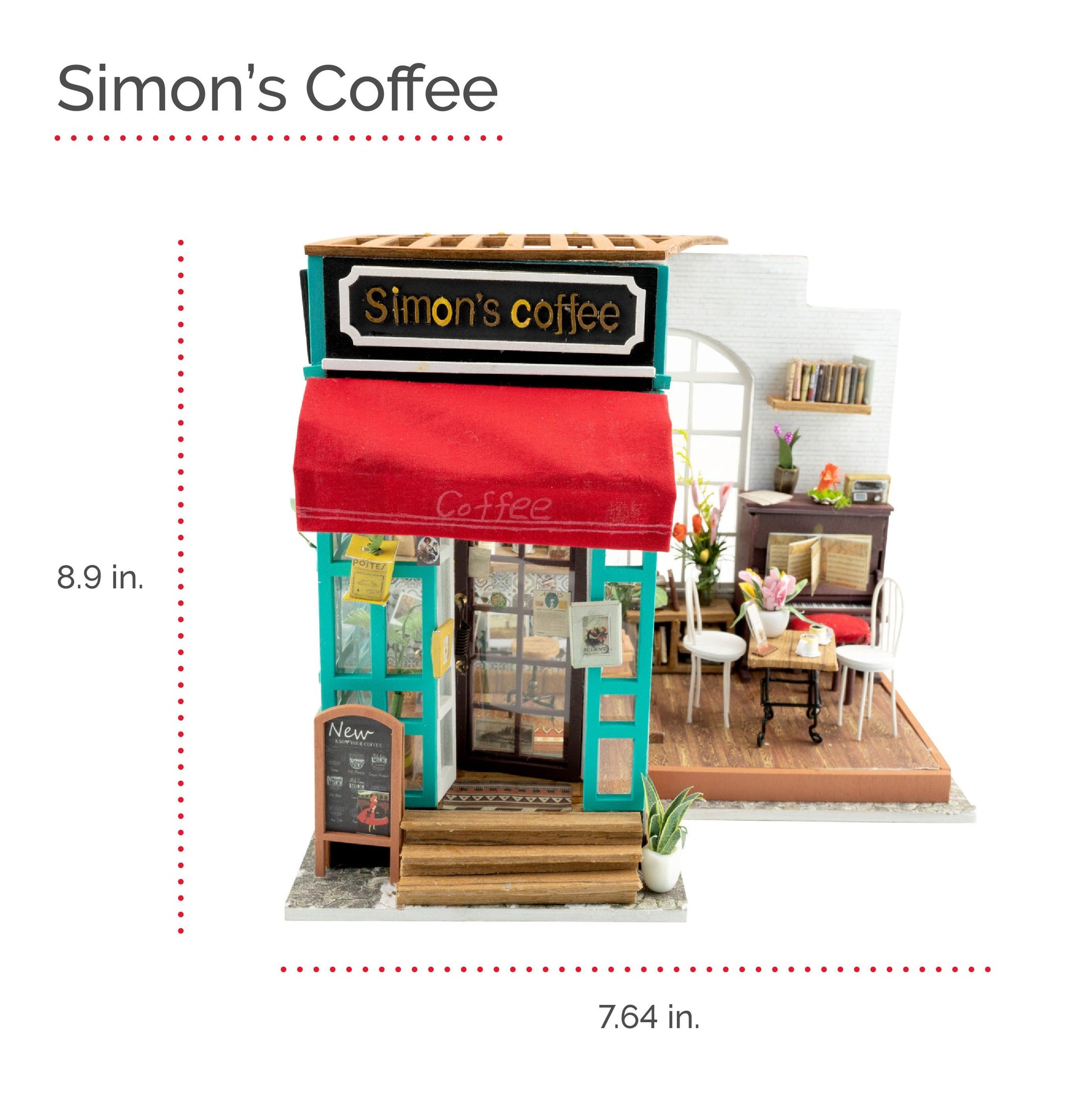 DIY Dollhouse Miniature Store Kit | Simon's Coffee Cafe Assembled Measurements