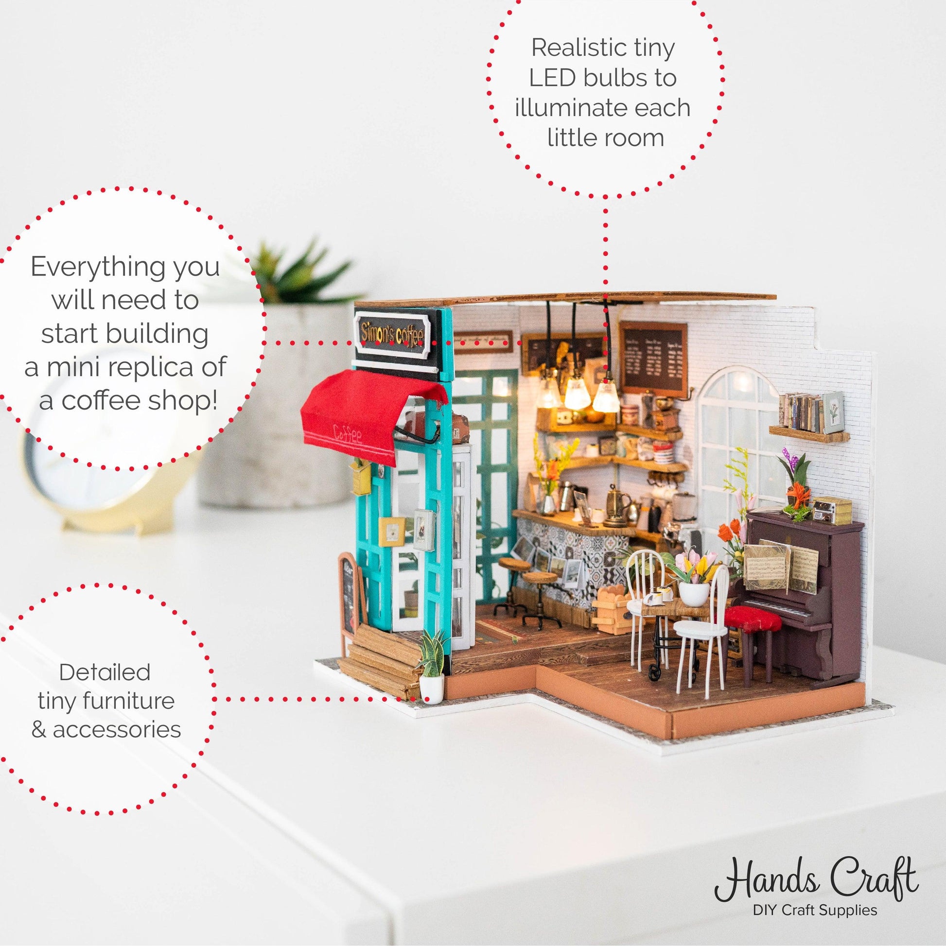 DIY Dollhouse Miniature Store Kit | Simon's Coffee Cafe Features: Warm LED Light, Everything You Need Is Included, and Detailed Tiny Furniture and Accessories
