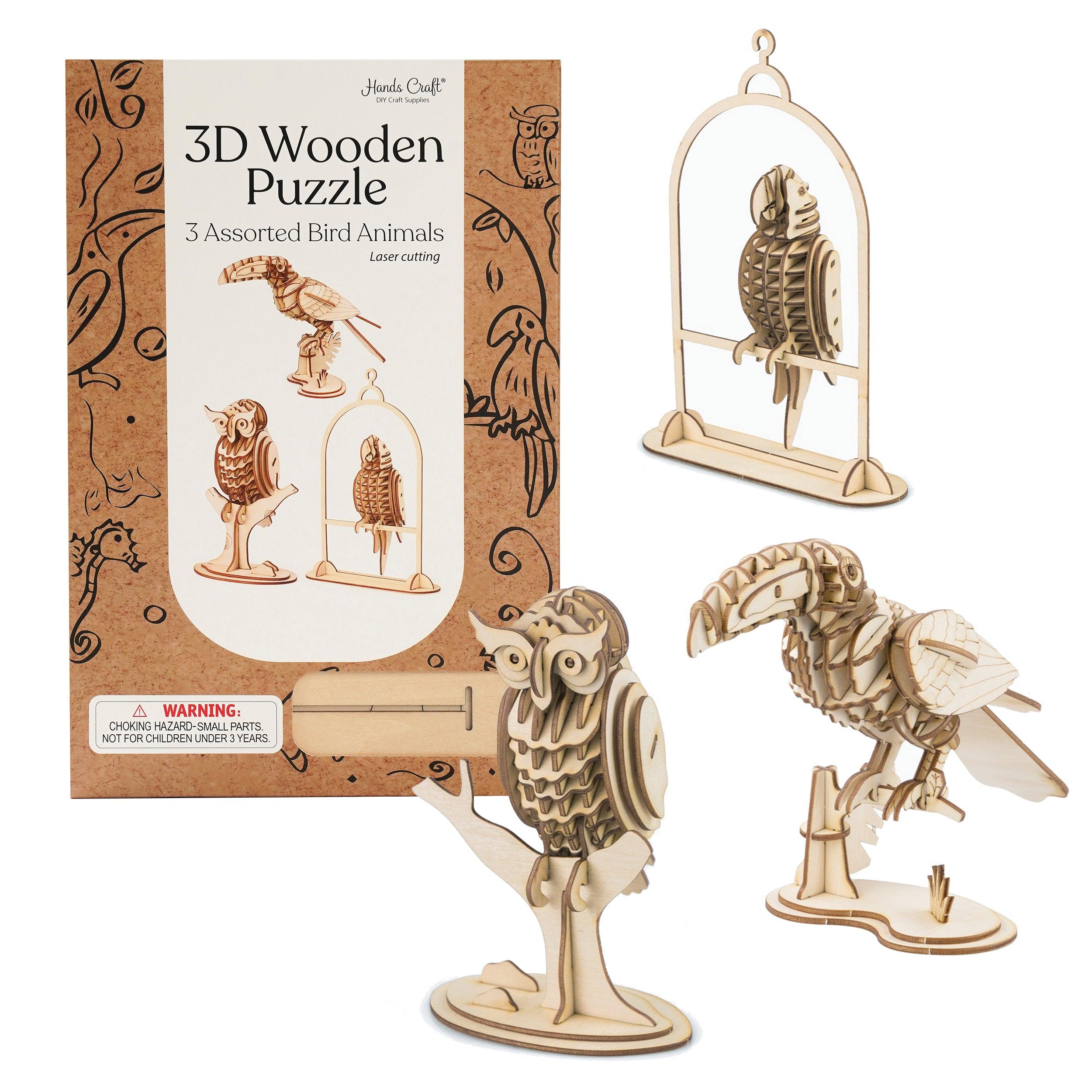 Hands Craft DIY Miniatures 3D Wooden Puzzle | Birds Animals (3-Pack)