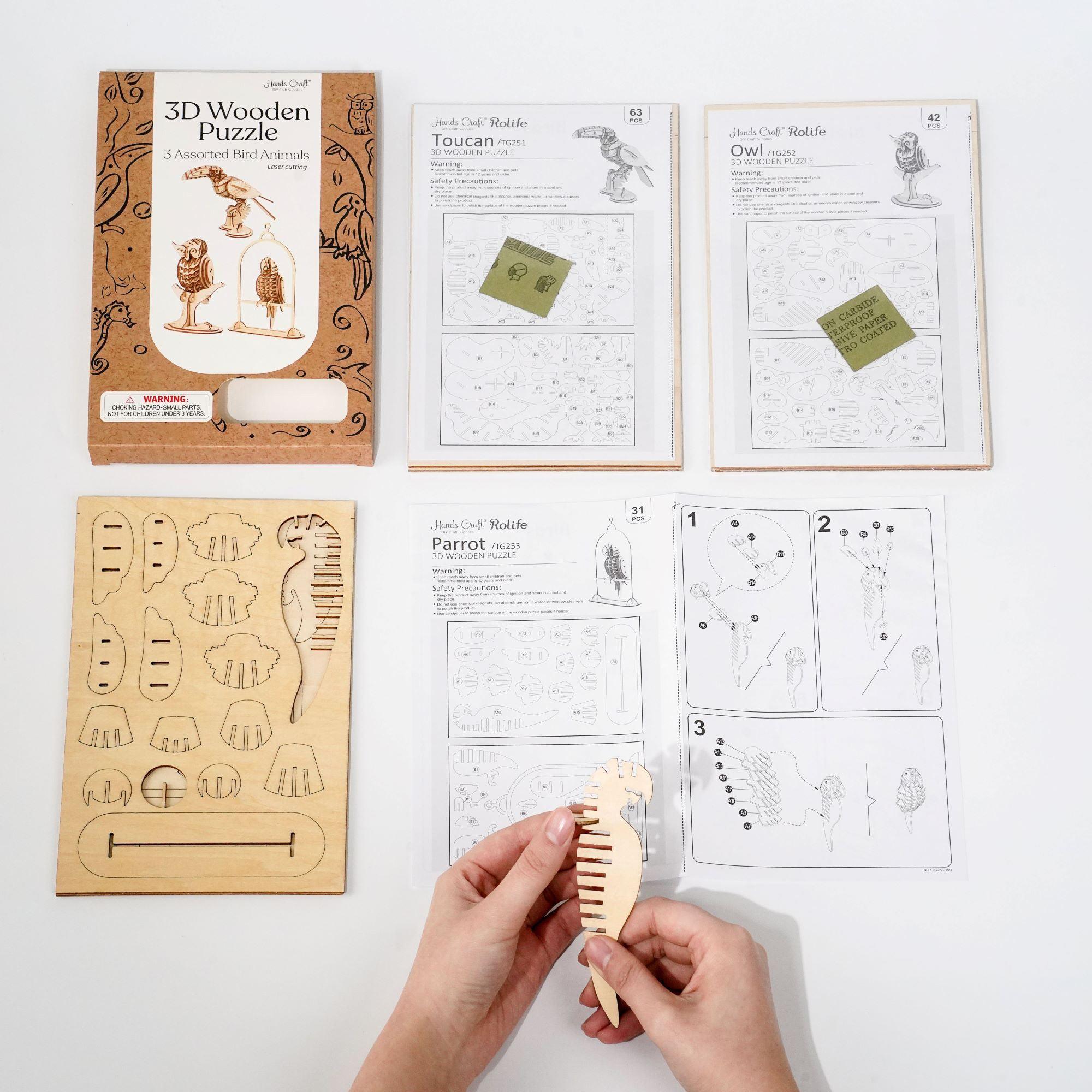 Hands Craft DIY Miniatures 3D Wooden Puzzle | Birds Animals (3-Pack)